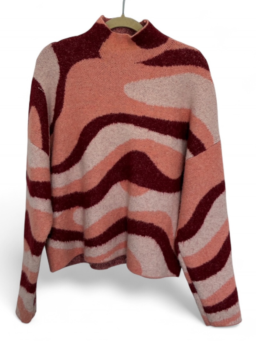 Zara Wave Pattern Mock Neck Sweater - Pink & Burgundy